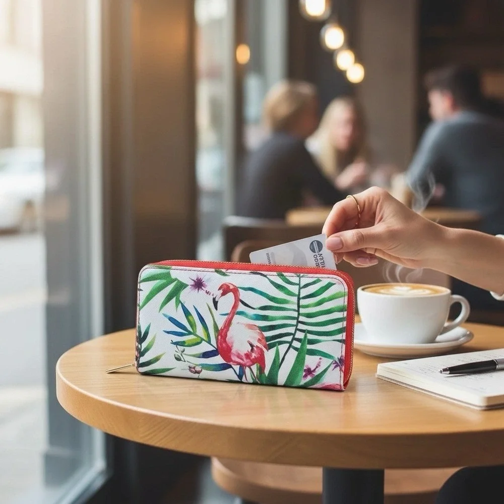 Coral Bay Tropical Wallet With Flamingo Faux Leather Zip Multicompartment,